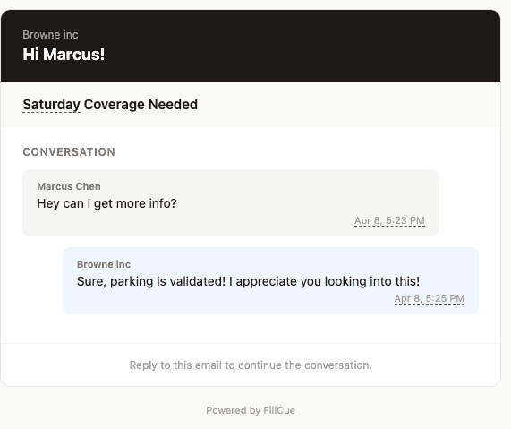 Email conversation thread showing mid-outreach messaging with a contact