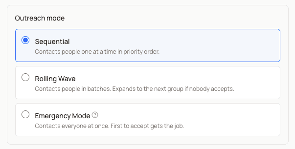 Three outreach modes: Sequential, Rolling Wave, and Emergency