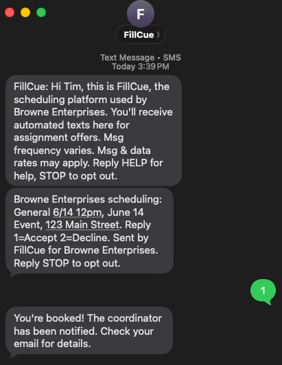 SMS offer in iMessage showing FillCue cascade message with reply options